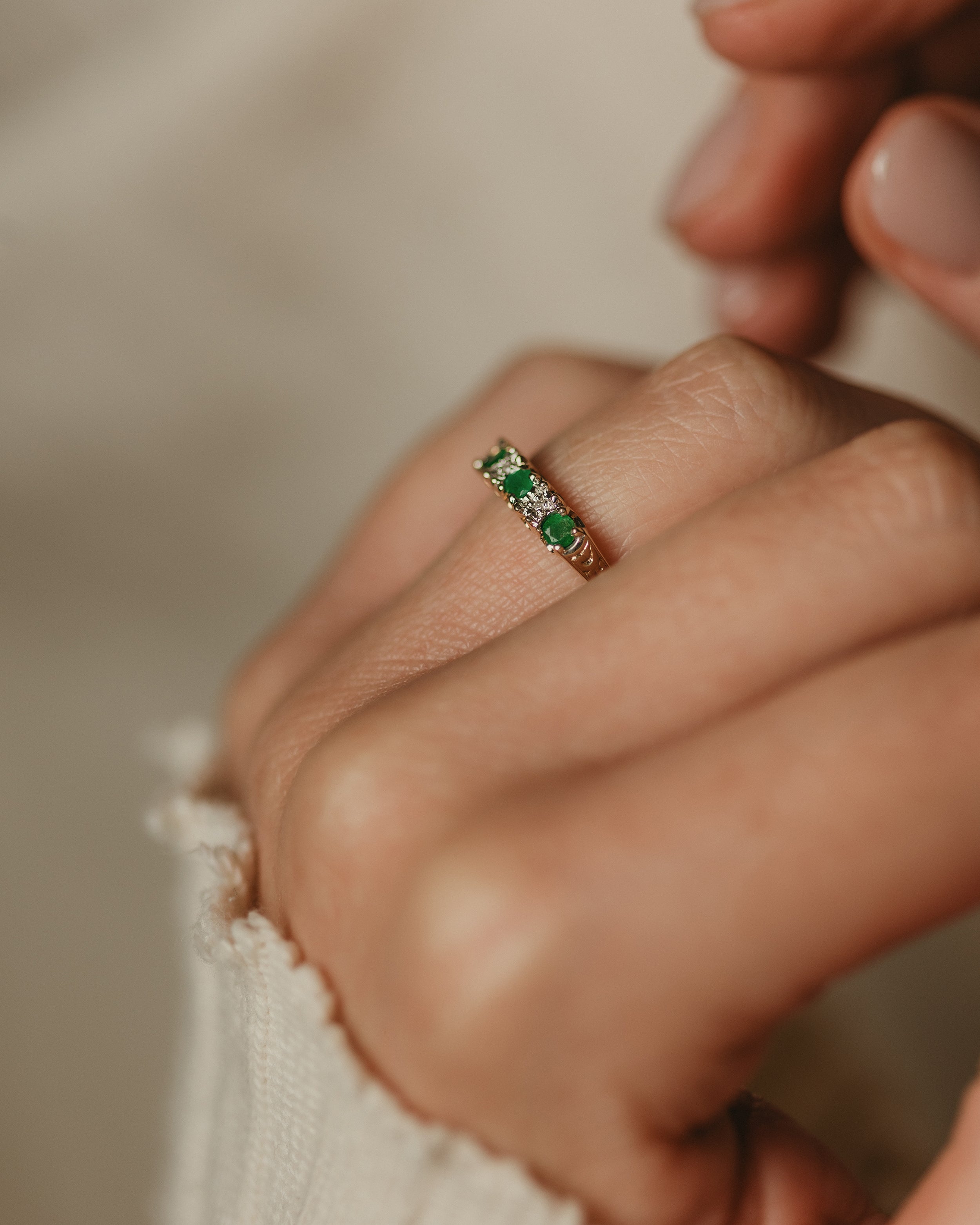 Esther Vintage 9ct Gold Emerald & Diamond Half Eternity Ring