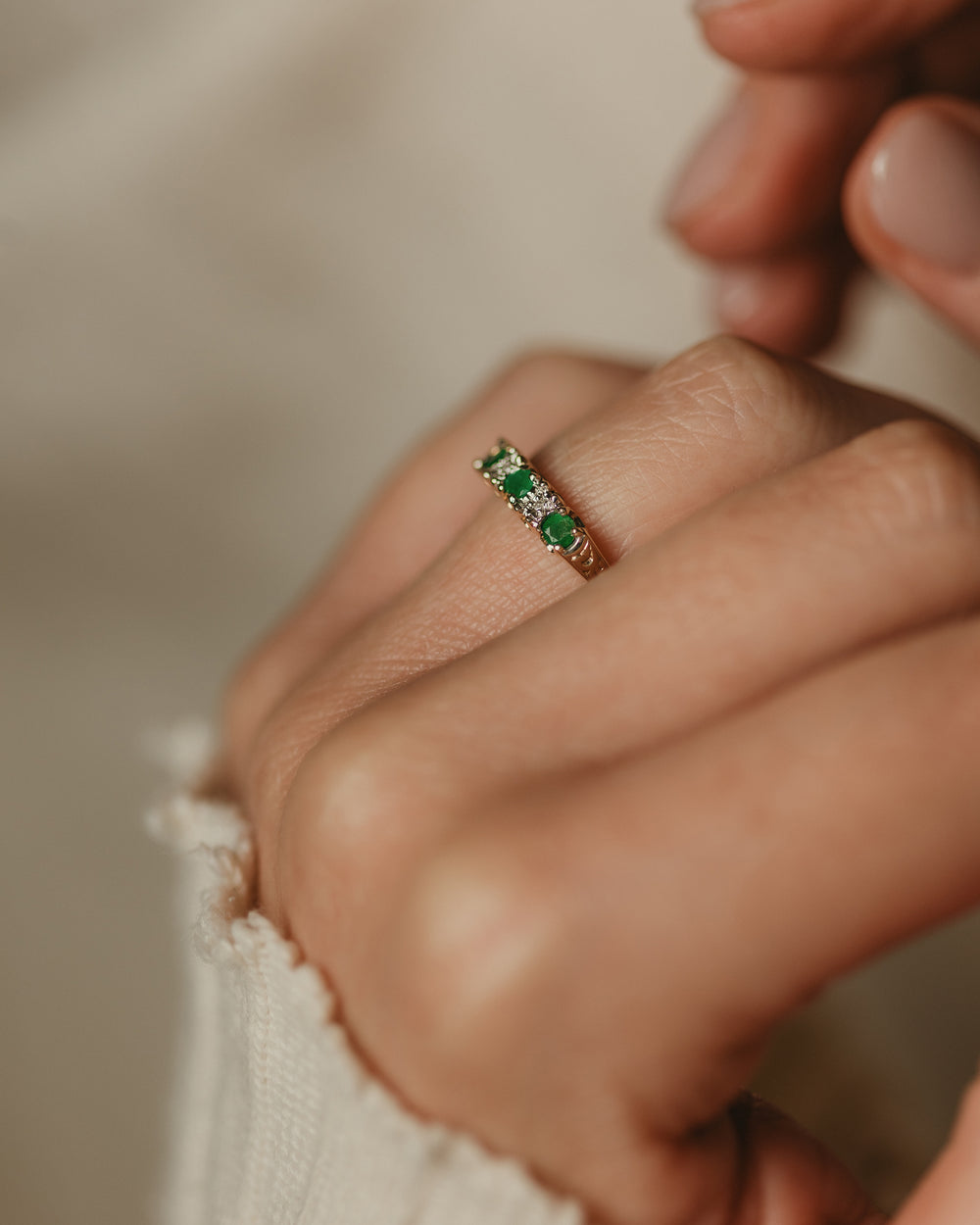 Esther Vintage 9ct Gold Emerald & Diamond Half Eternity Ring