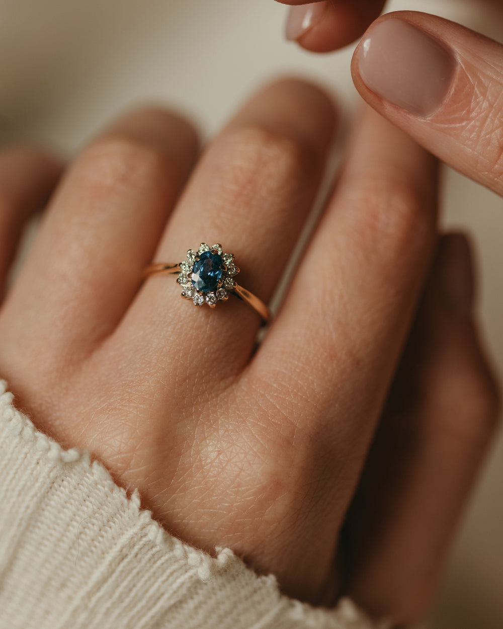 Sinead Vintage 9ct Gold Blue Topaz & Diamond Cluster Ring