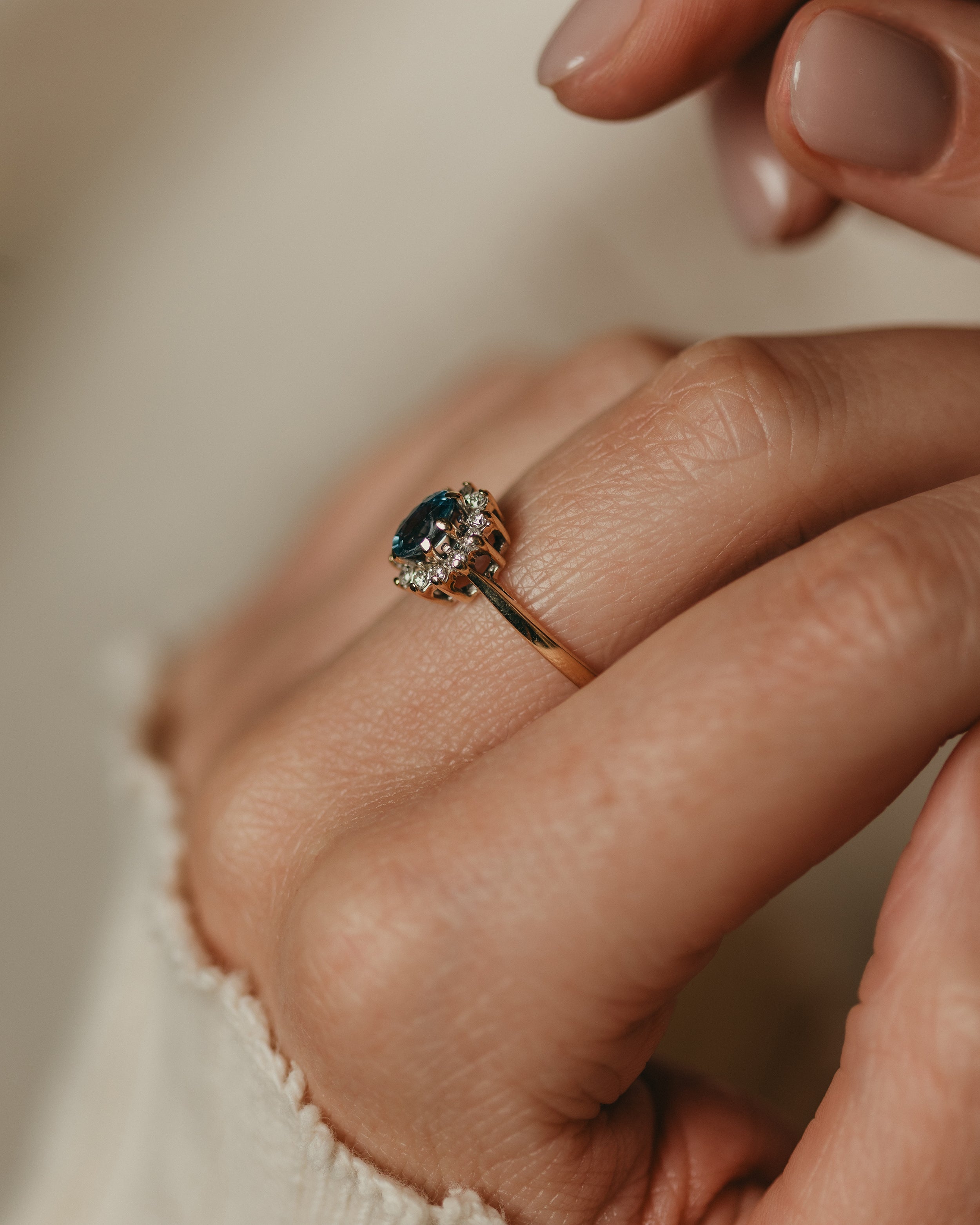 Sinead Vintage 9ct Gold Blue Topaz & Diamond Cluster Ring