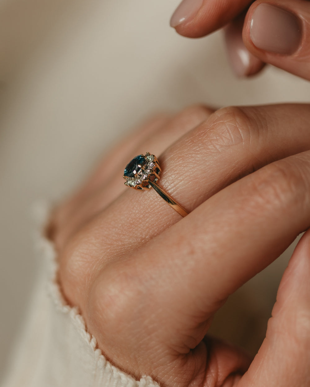 Sinead Vintage 9ct Gold Blue Topaz & Diamond Cluster Ring