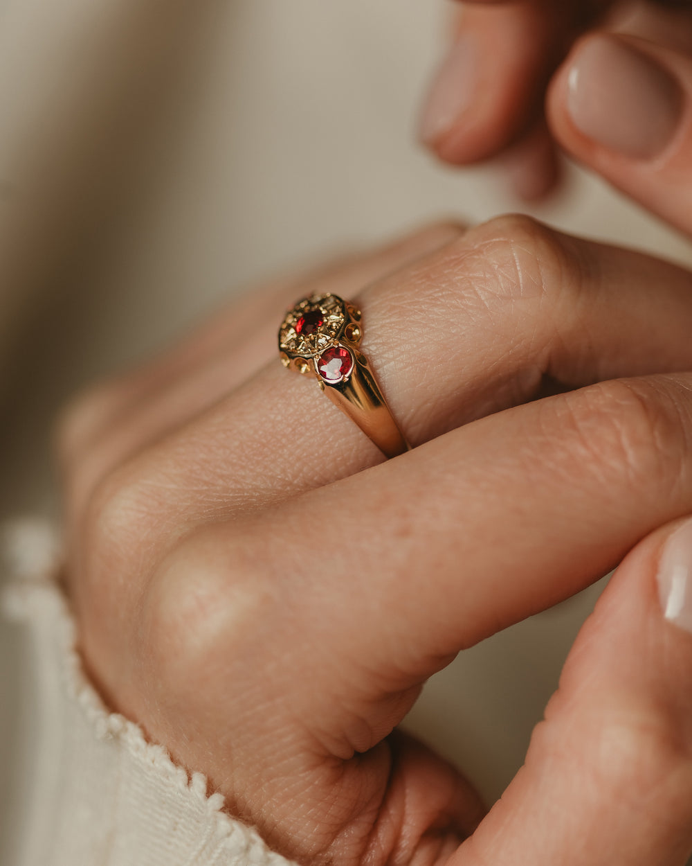 Delphine 1909 Antique 18ct Gold Garnet, Ruby & Diamond Ring