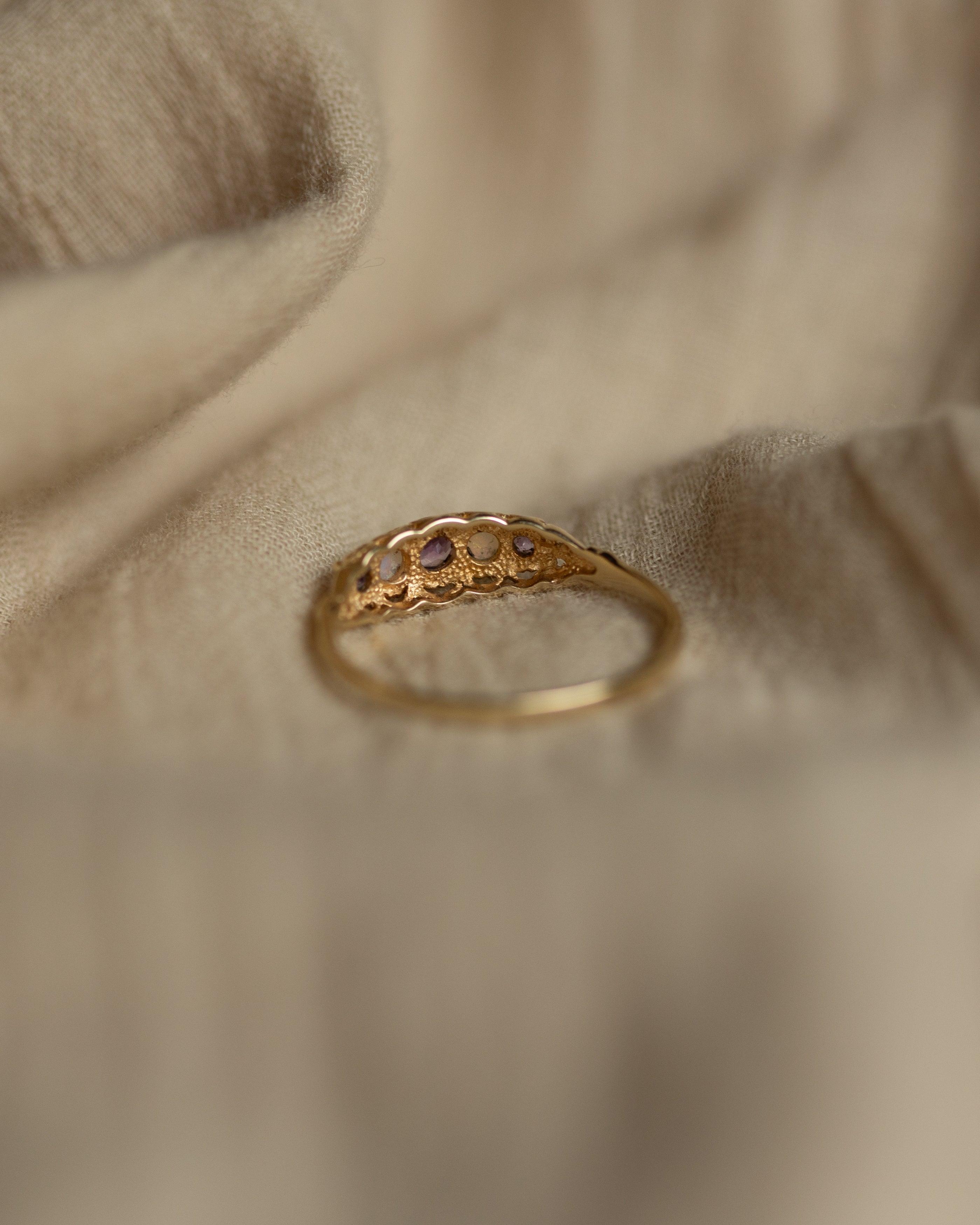 Joanna 1993 Vintage 9ct Gold Amethyst & Opal Five Stone Ring