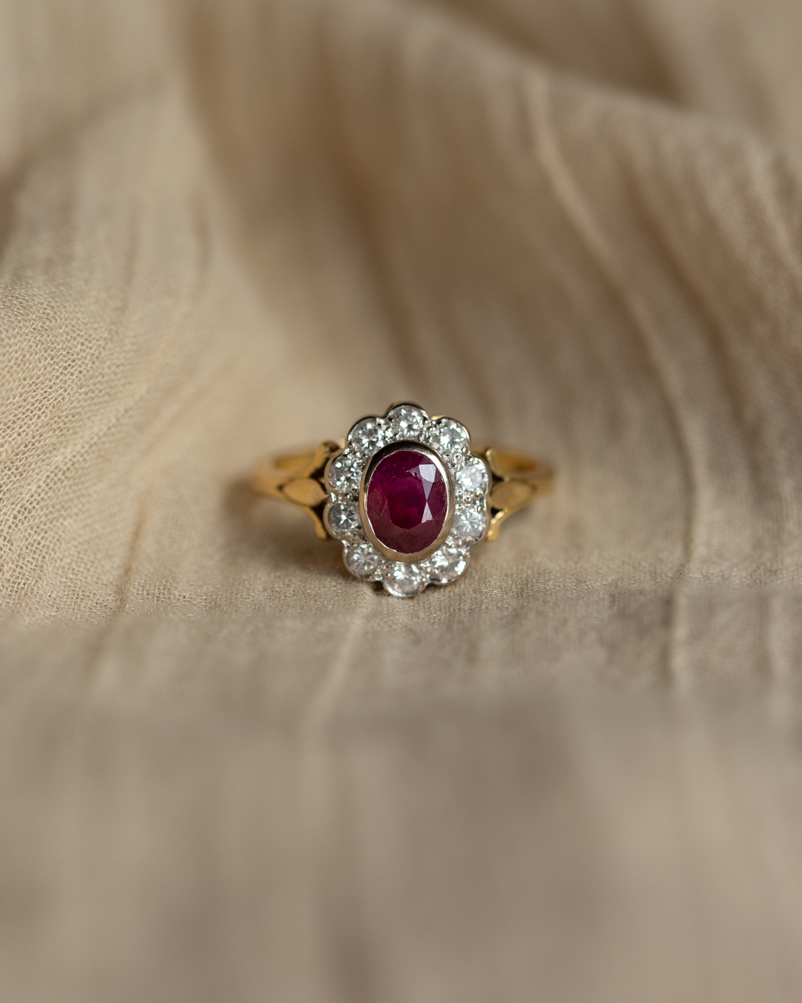 Beatrice Vintage 18ct Gold Ruby & Diamond Cluster Ring