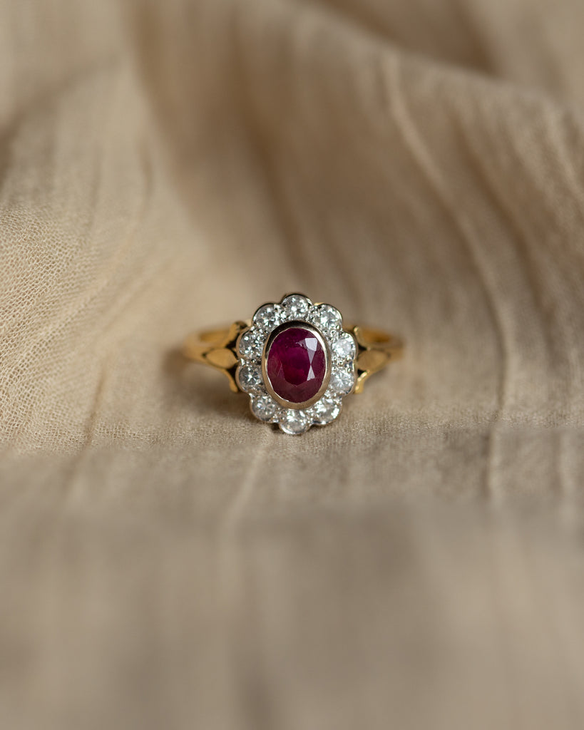 Beatrice Vintage 18ct Gold Ruby & Diamond Cluster Ring
