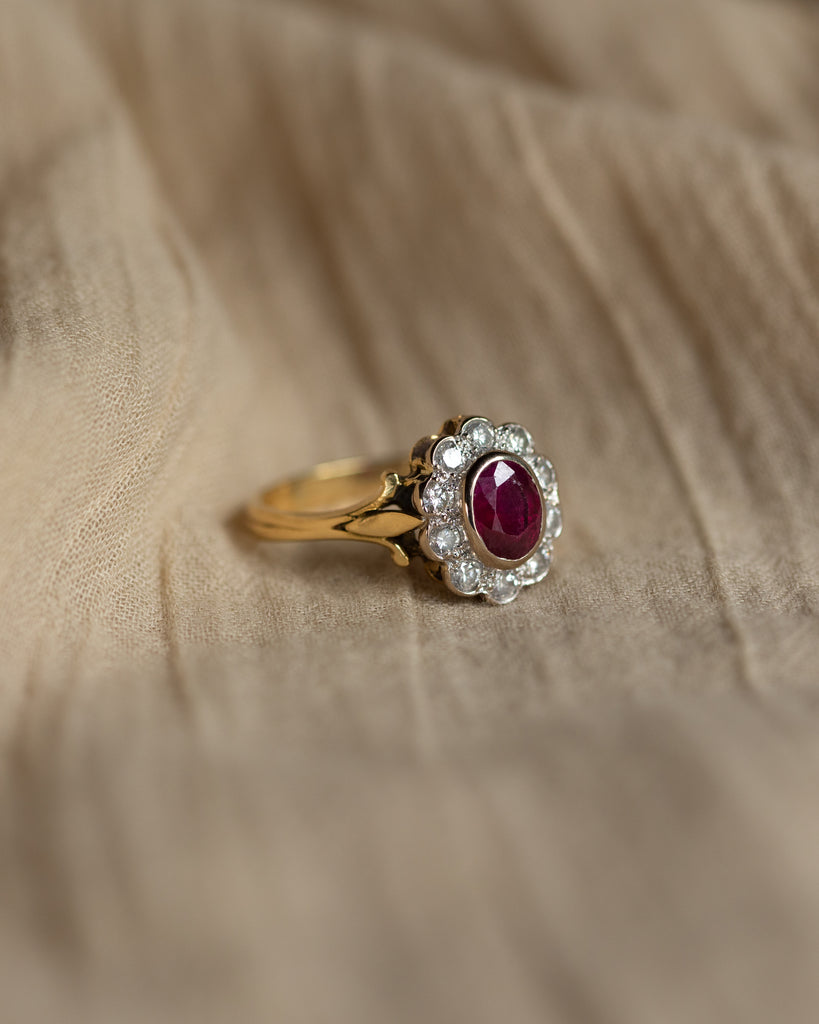 Beatrice Vintage 18ct Gold Ruby & Diamond Cluster Ring
