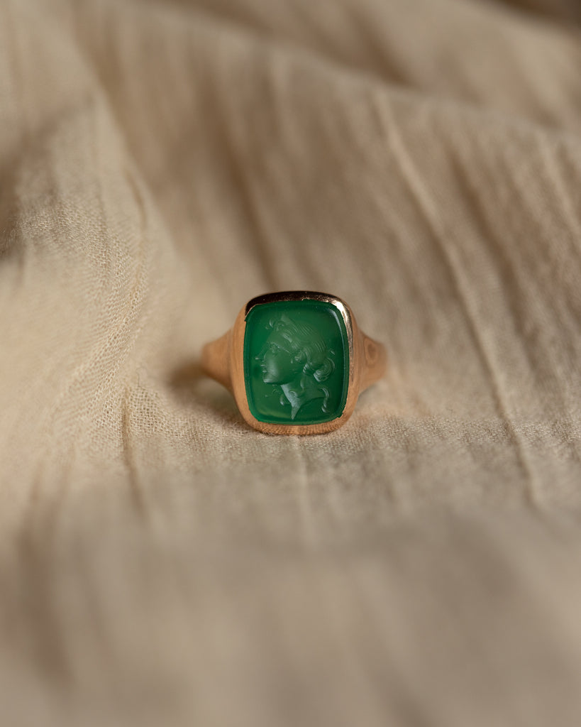 Evelyn 1921 Antique 9ct Gold Green Chalcedony Intaglio Ring
