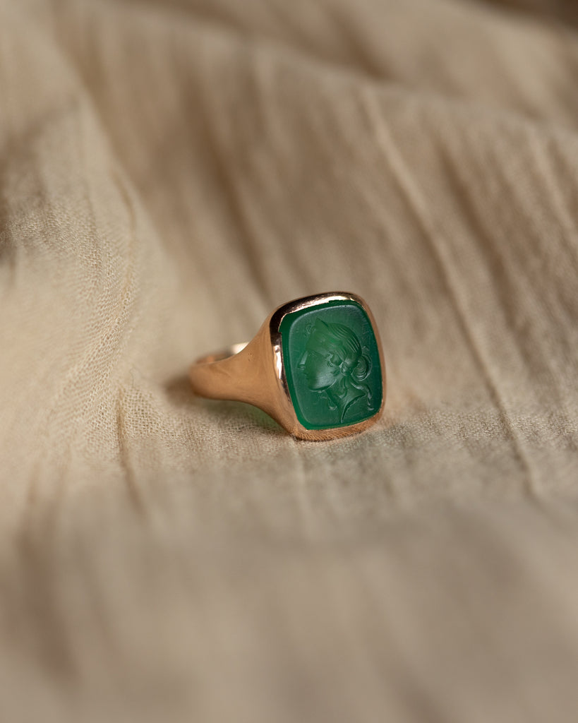 Evelyn 1921 Antique 9ct Gold Green Chalcedony Intaglio Ring