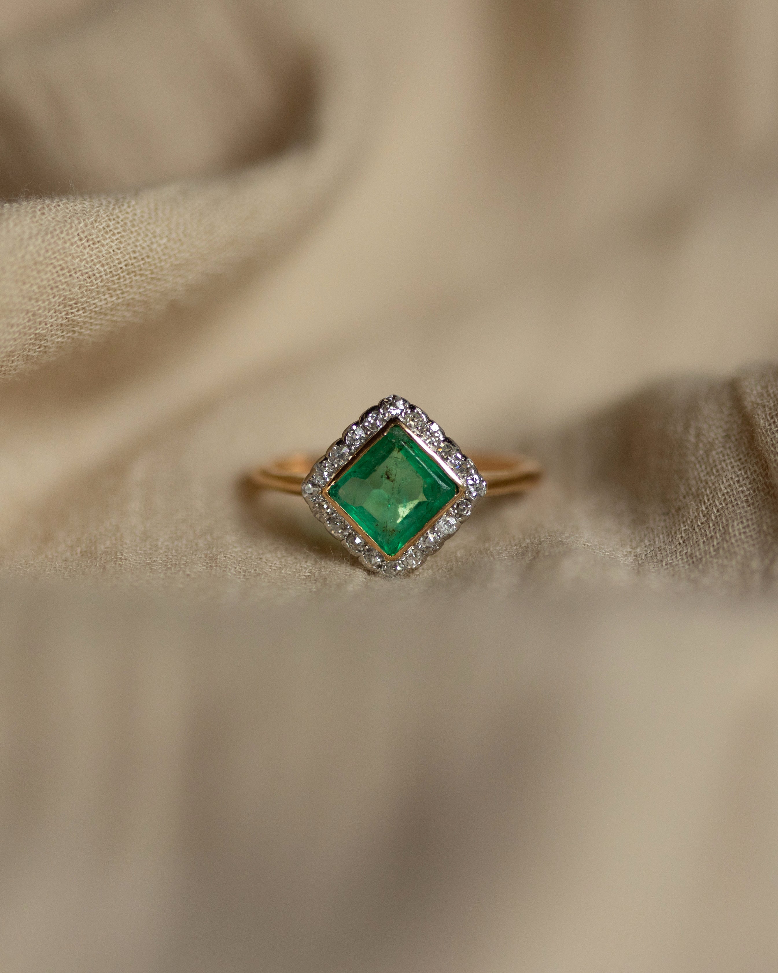 Celia Antique 18ct Gold Emerald & Diamond Cluster Ring