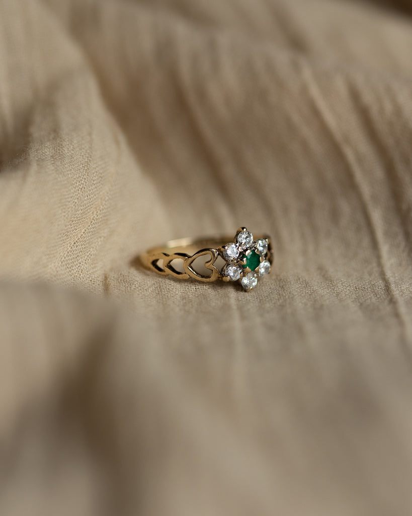Amy 1986 Vintage 9ct Gold Emerald & CZ Flowerhead Ring