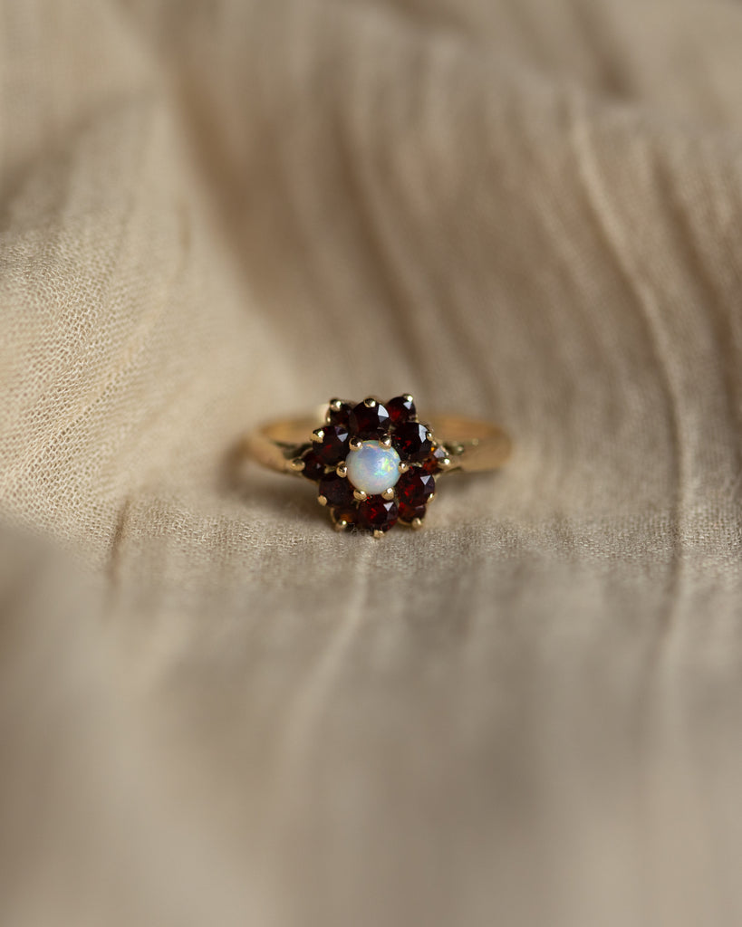 Eliana 1972 Vintage 9ct Gold Opal & Garnet Cluster Ring