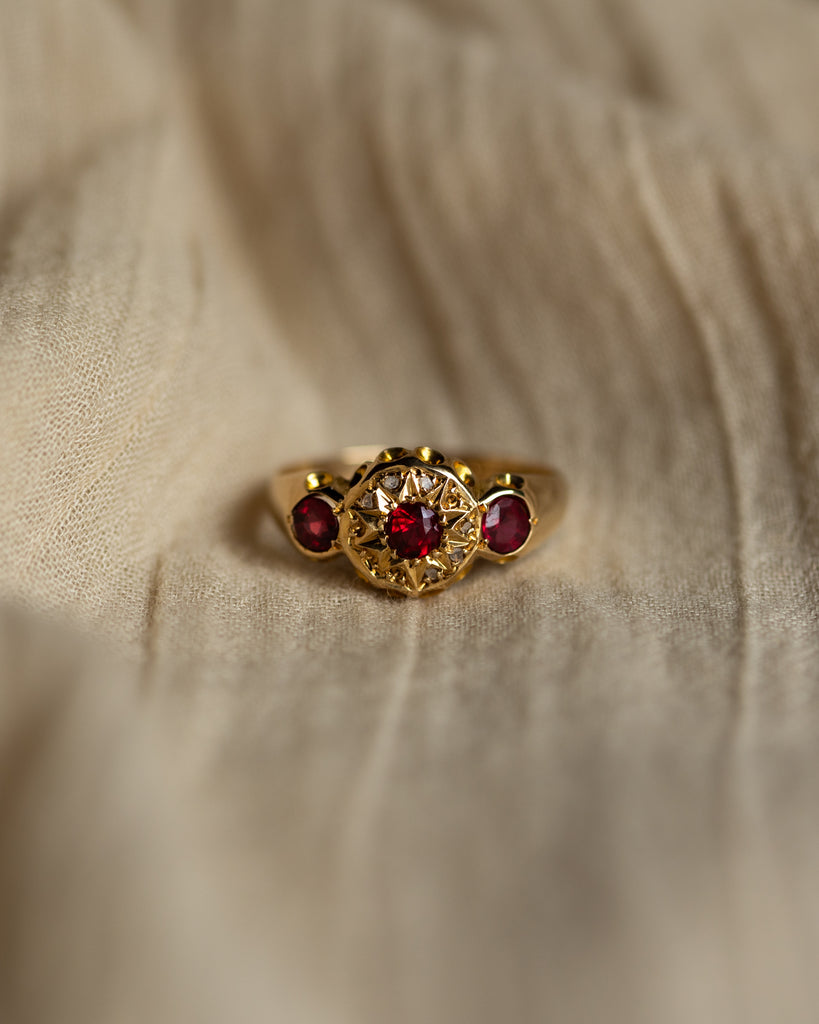Delphine 1909 Antique 18ct Gold Garnet, Ruby & Diamond Ring