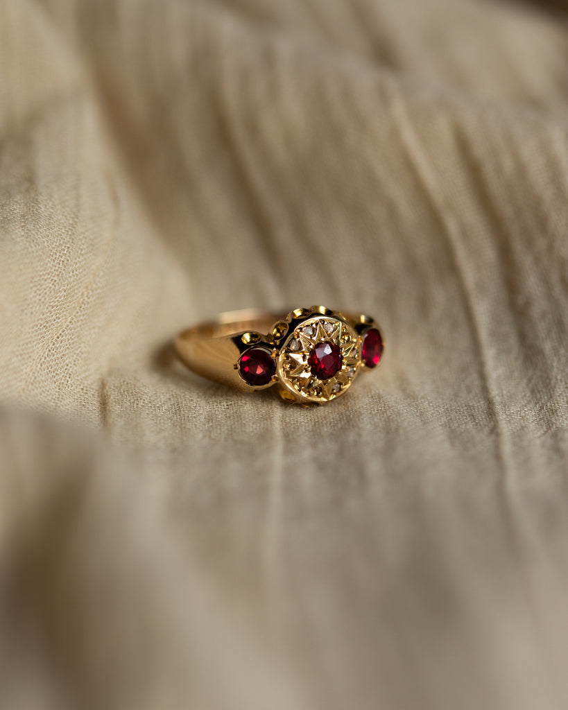 Delphine 1909 Antique 18ct Gold Garnet, Ruby & Diamond Ring