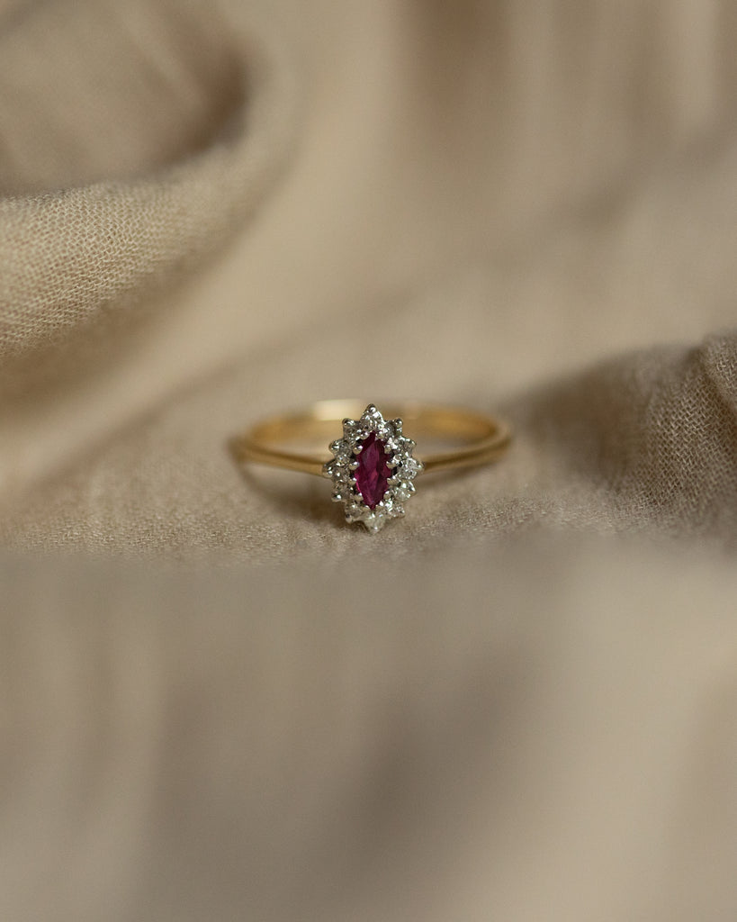 Avril 1985 Vintage 9ct Gold Ruby & Diamond Marquise Cluster Ring