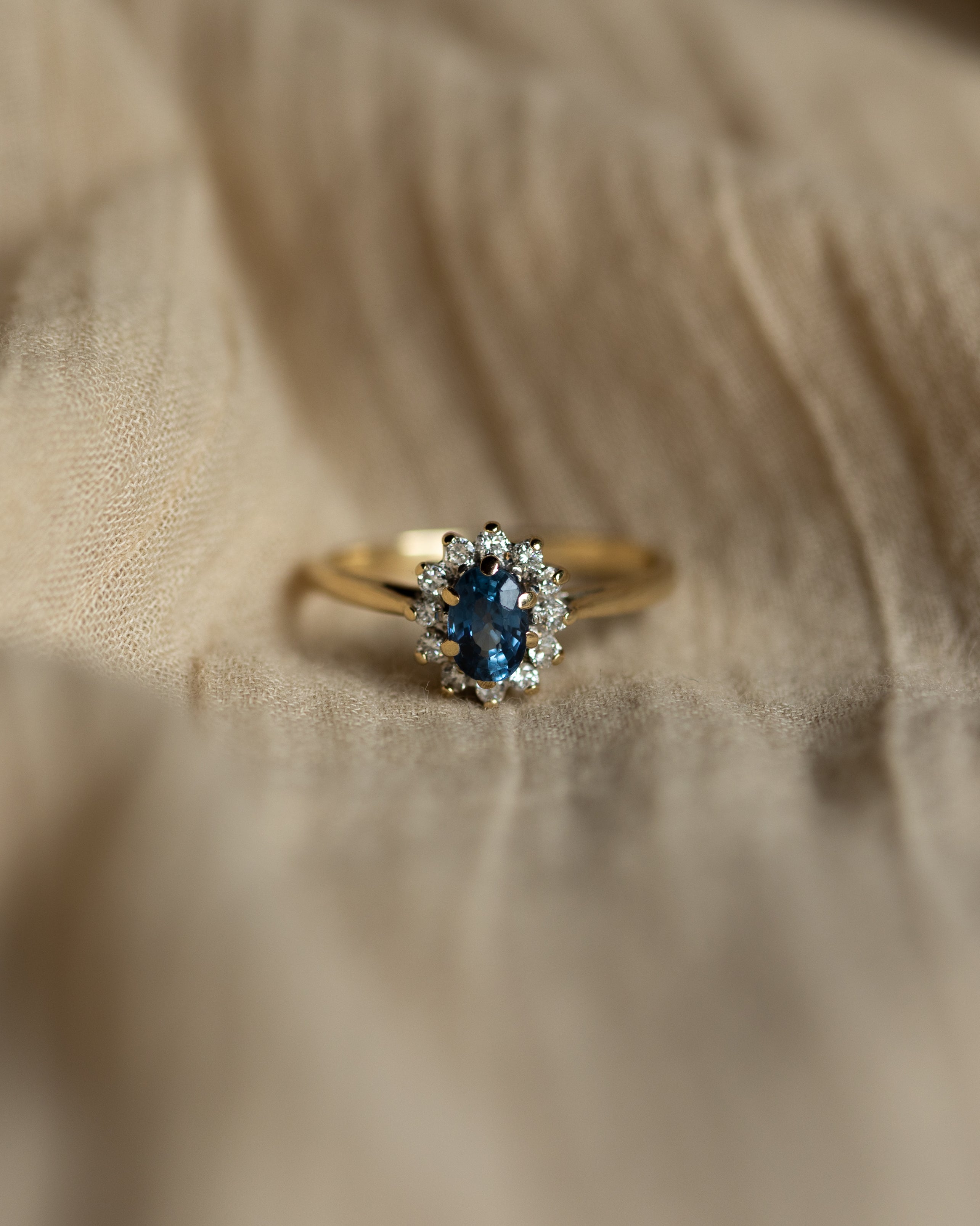 Sinead Vintage 9ct Gold Blue Topaz & Diamond Cluster Ring