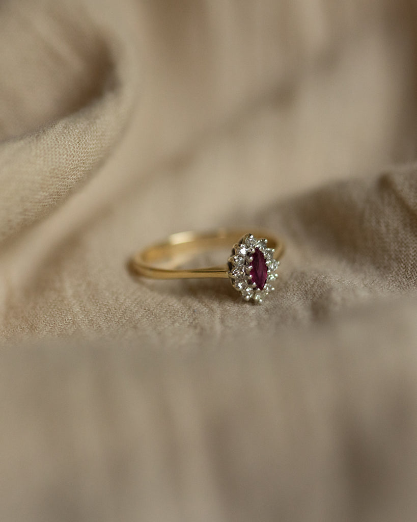 Avril 1985 Vintage 9ct Gold Ruby & Diamond Marquise Cluster Ring