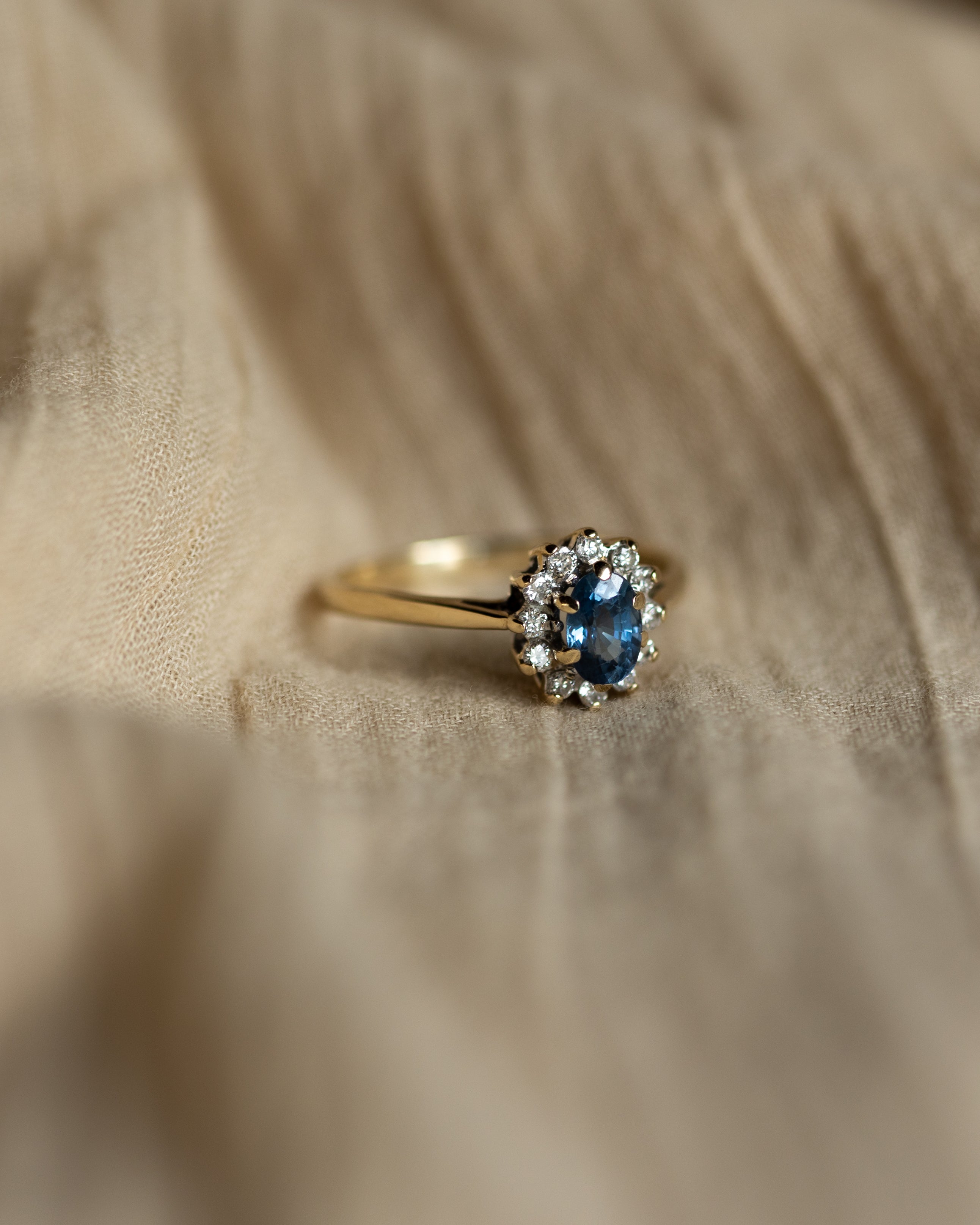 Sinead Vintage 9ct Gold Blue Topaz & Diamond Cluster Ring