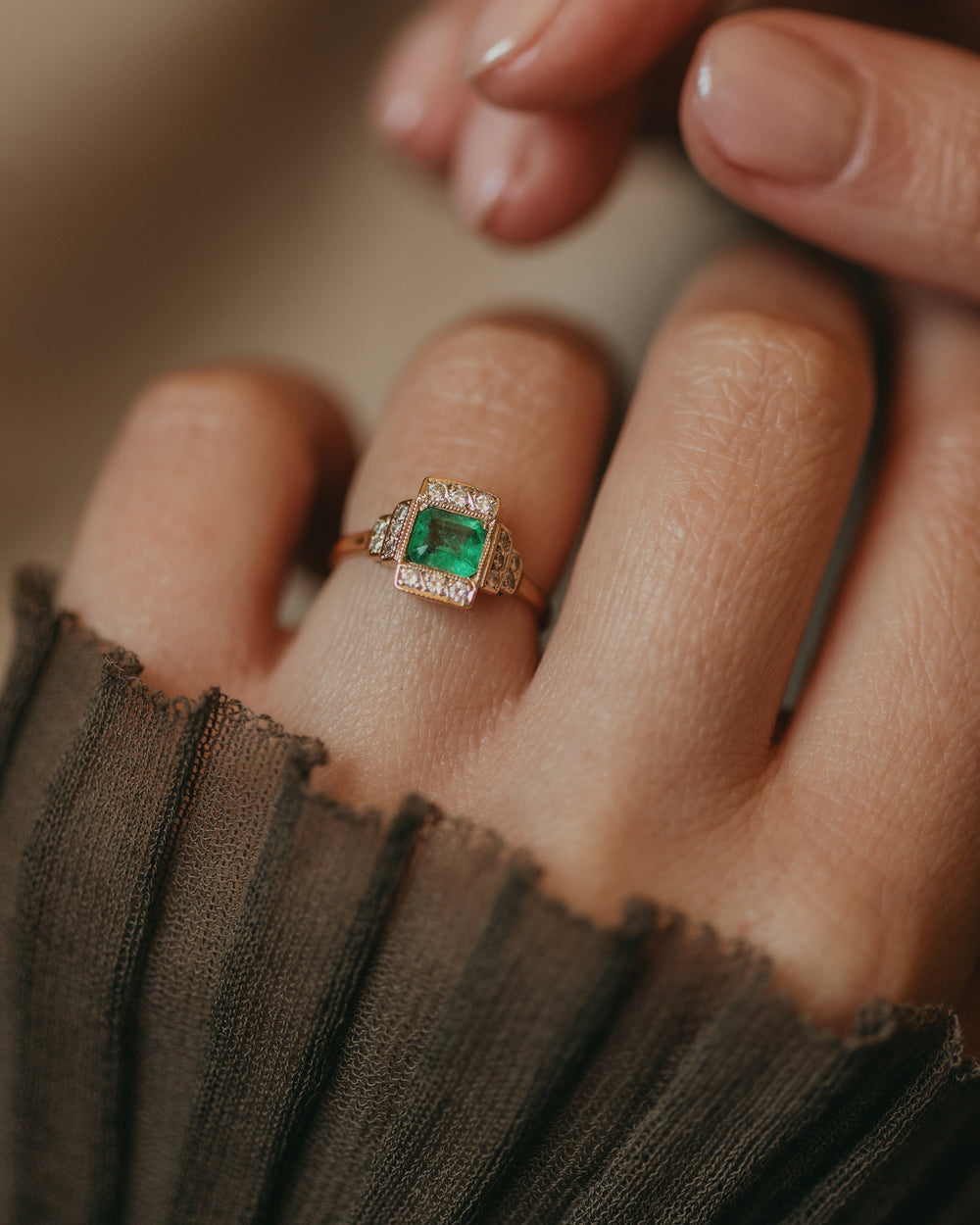 Josefine Antique Art Deco 18ct Gold Emerald & Diamond Panel Ring
