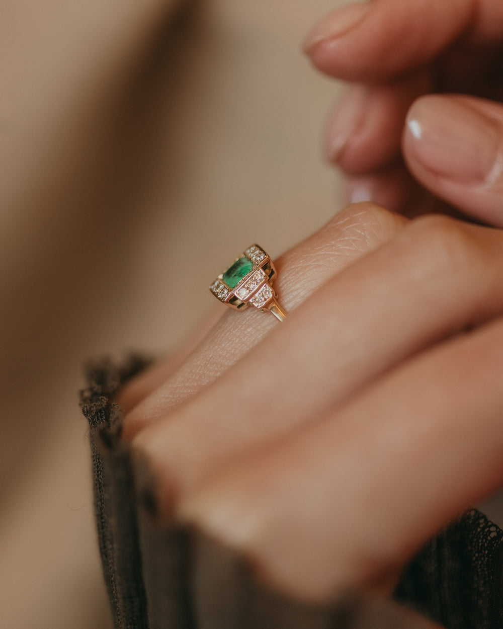 Josefine Antique Art Deco 18ct Gold Emerald & Diamond Panel Ring