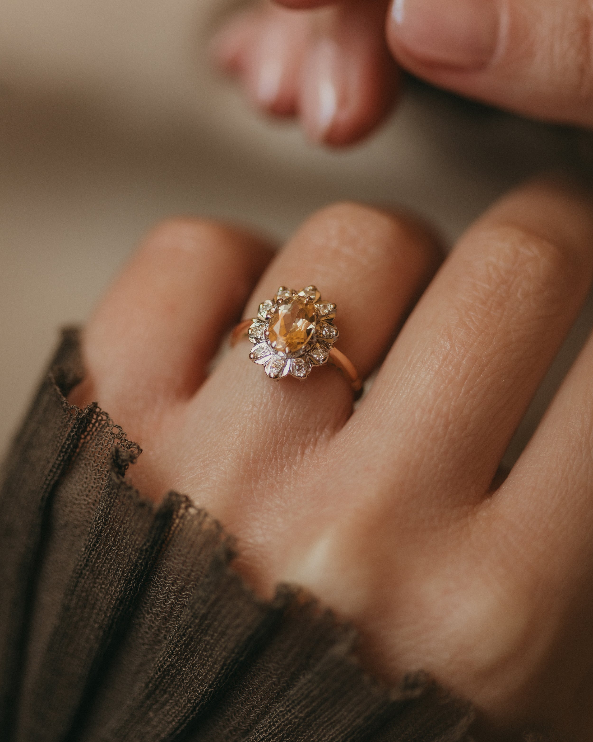 Sybil Vintage 18ct Gold Citrine & Diamond Cluster Ring