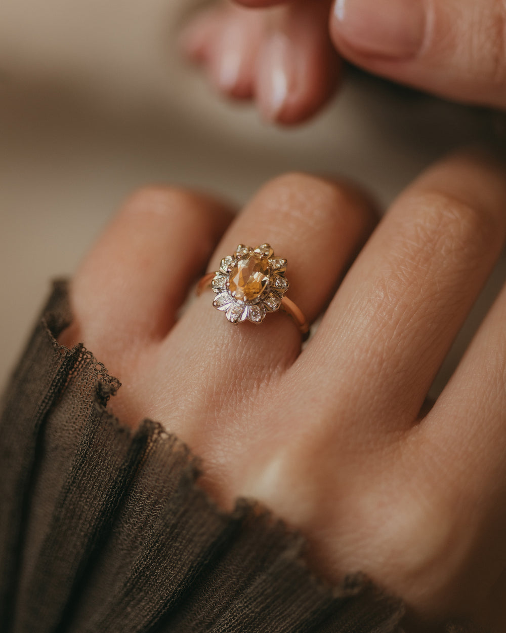 Sybil Vintage 18ct Gold Citrine & Diamond Cluster Ring