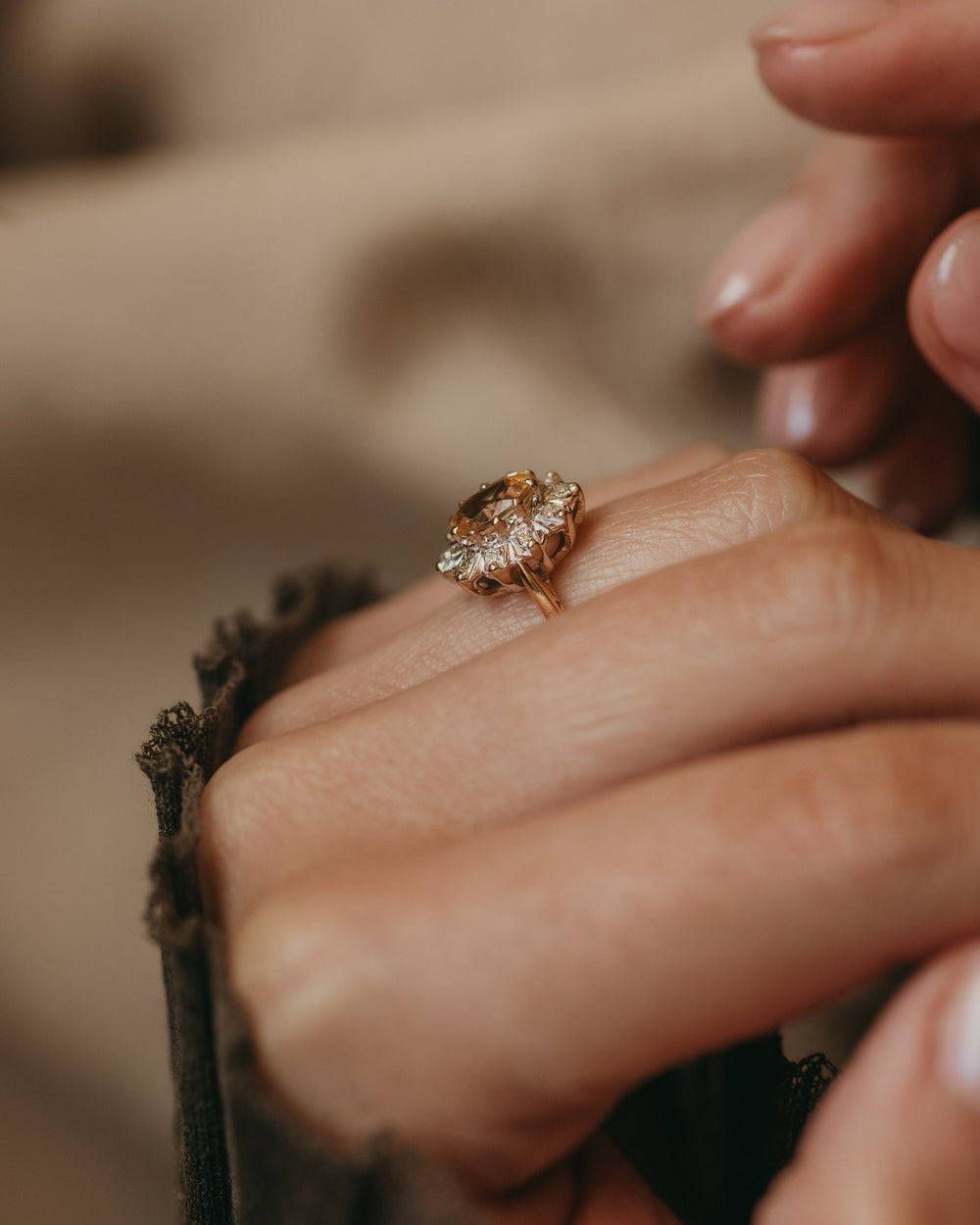 Sybil Vintage 18ct Gold Citrine & Diamond Cluster Ring