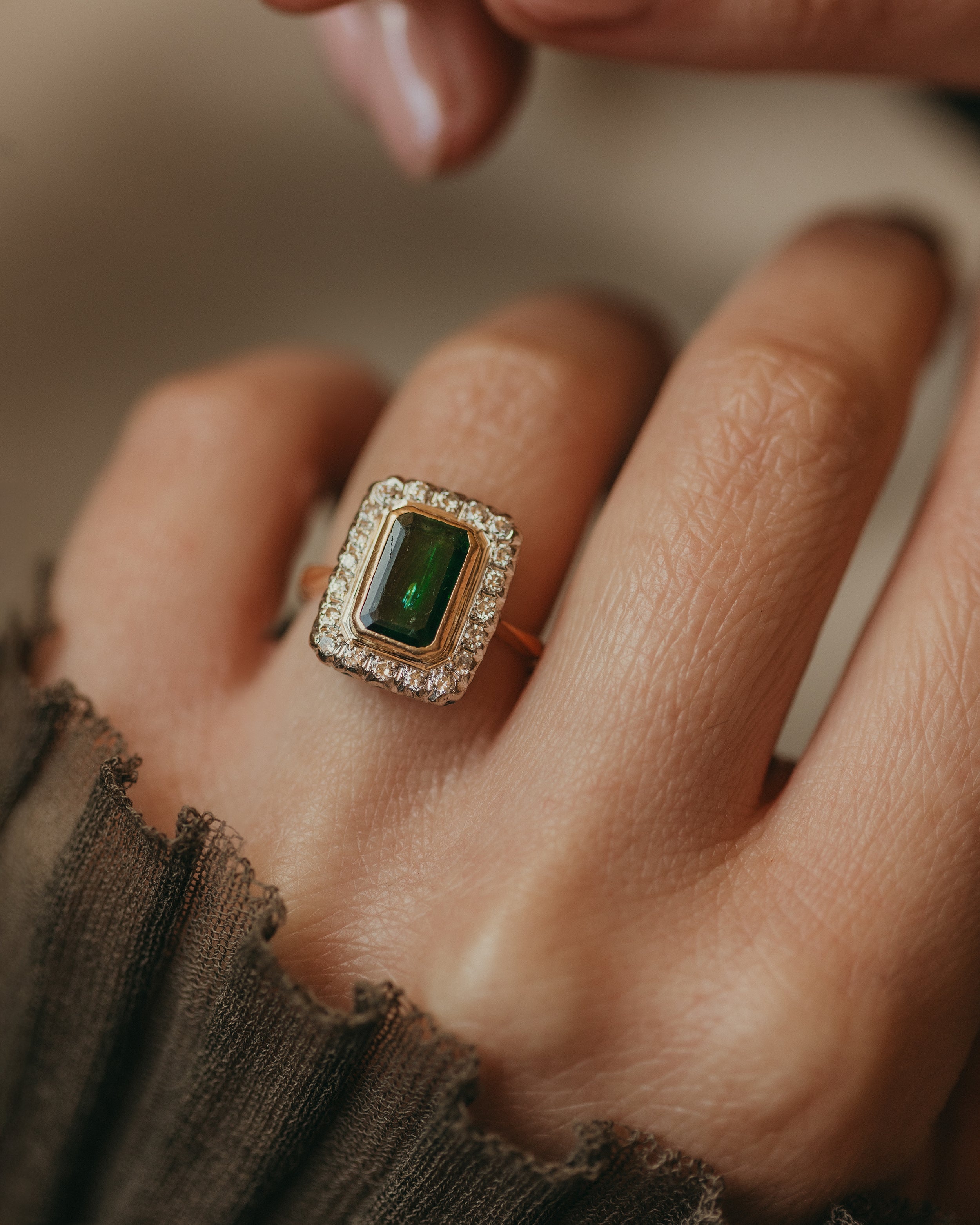 Image of Olive Vintage 18ct Gold Emerald & Diamond Cluster Ring