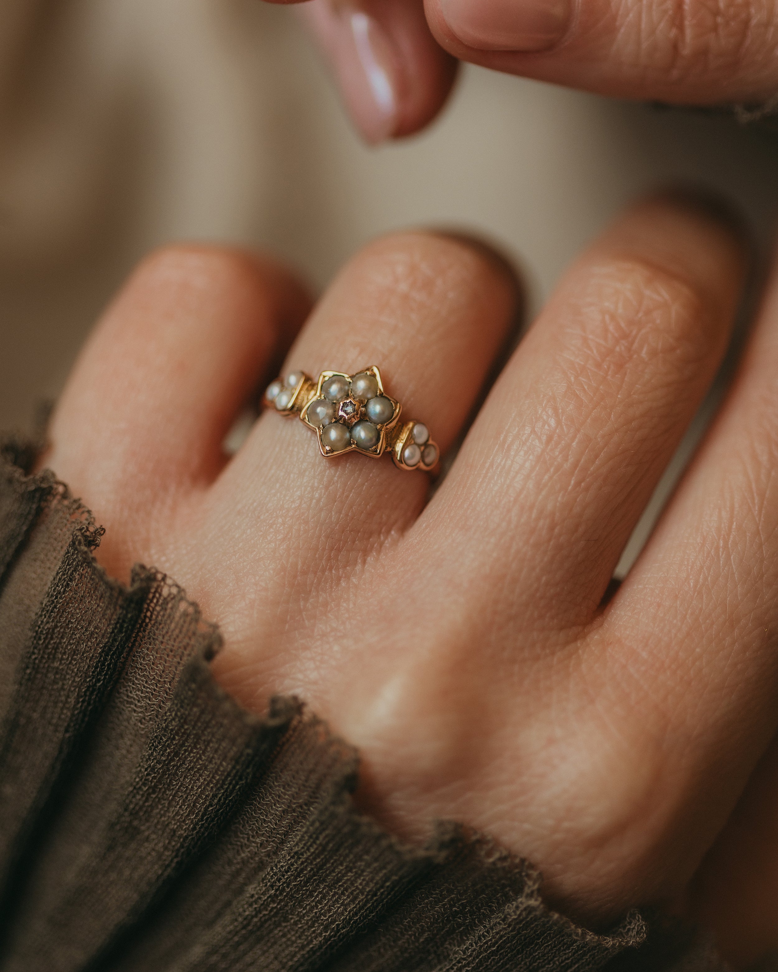 Queenie Antique 15ct Gold Pearl & Diamond Star Cluster Ring