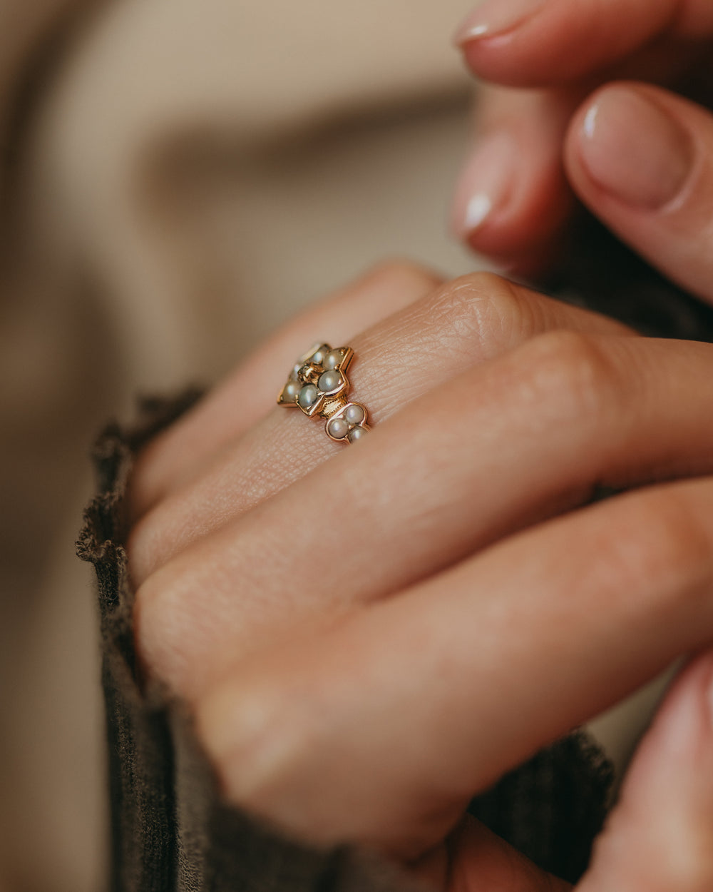 Queenie Antique 15ct Gold Pearl & Diamond Star Cluster Ring