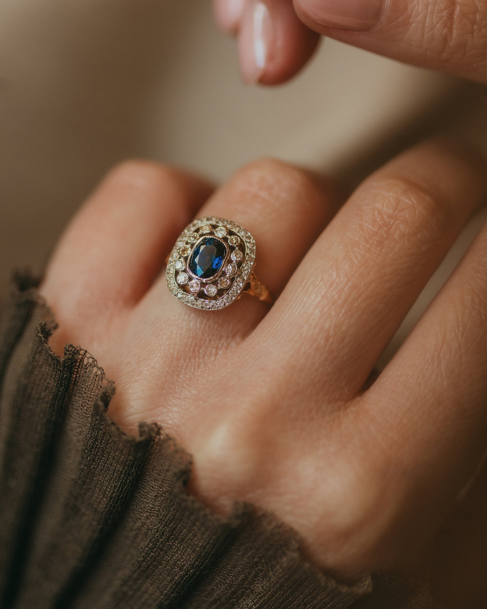 Seraphina Antique Art Deco 18ct Gold Sapphire & Diamond Cluster Ring