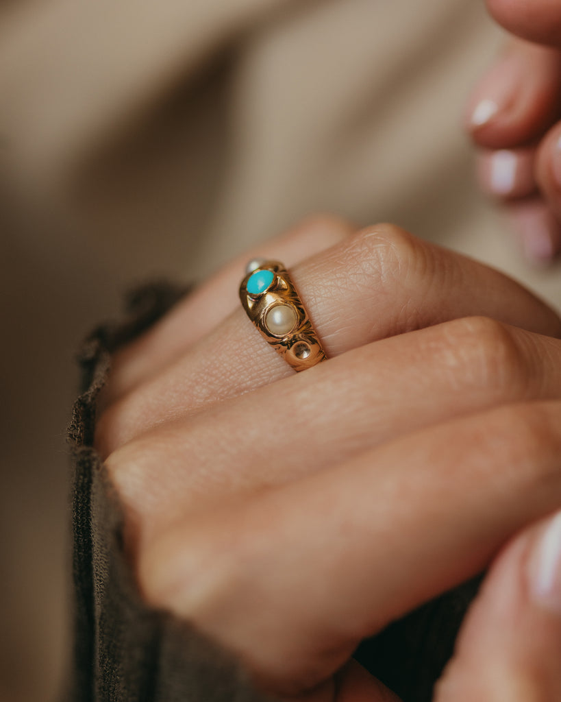 Bernadette Antique 18ct Gold Turquoise & Pearl Trilogy Ring