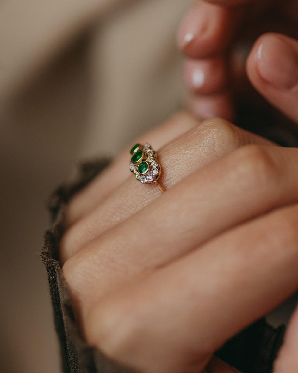 Hyacinth 1989 Vintage 18ct Gold Emerald & Diamond Cluster Ring