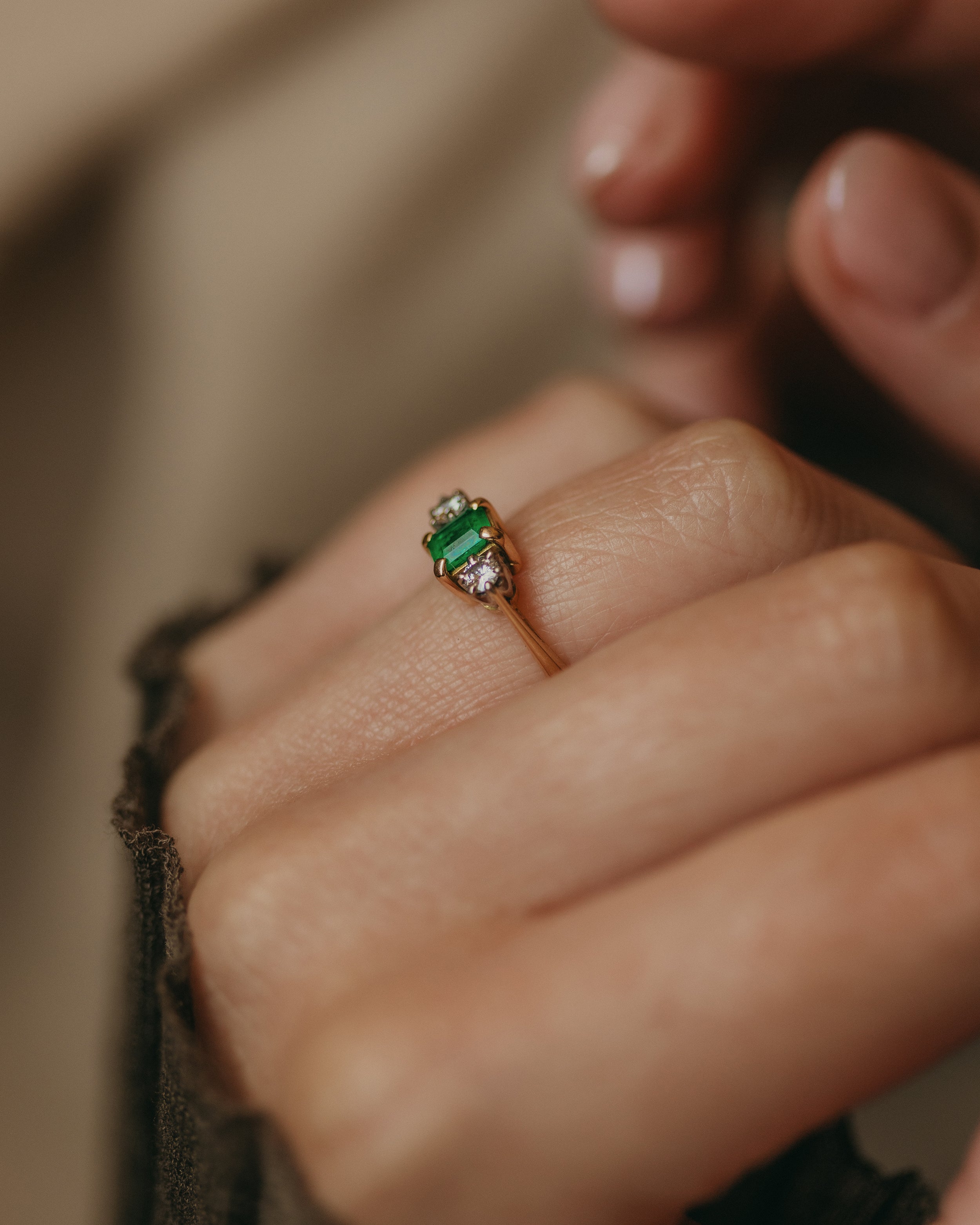 June 1996 Vintage 18ct Gold Emerald & Diamond Trilogy Ring