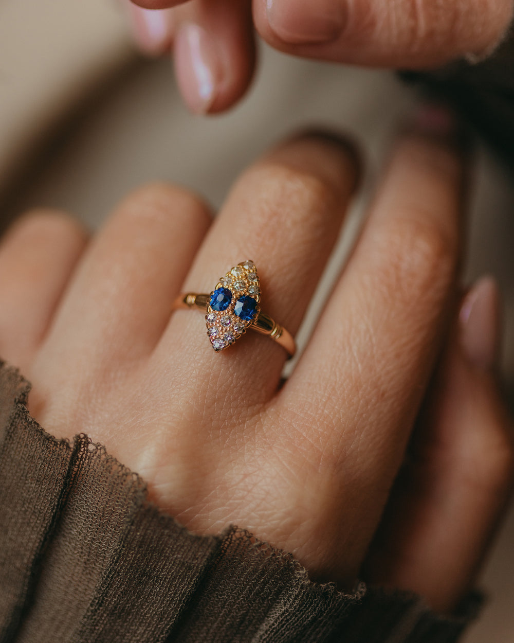 Maude Antique 18ct Gold Sapphire & Diamond Marquise Cluster Ring