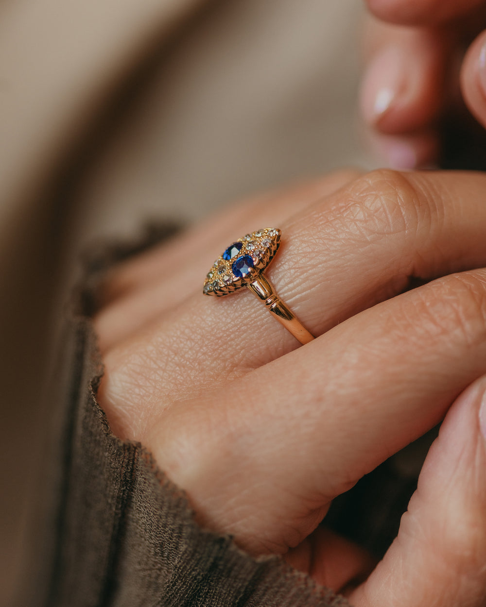 Maude Antique 18ct Gold Sapphire & Diamond Marquise Cluster Ring