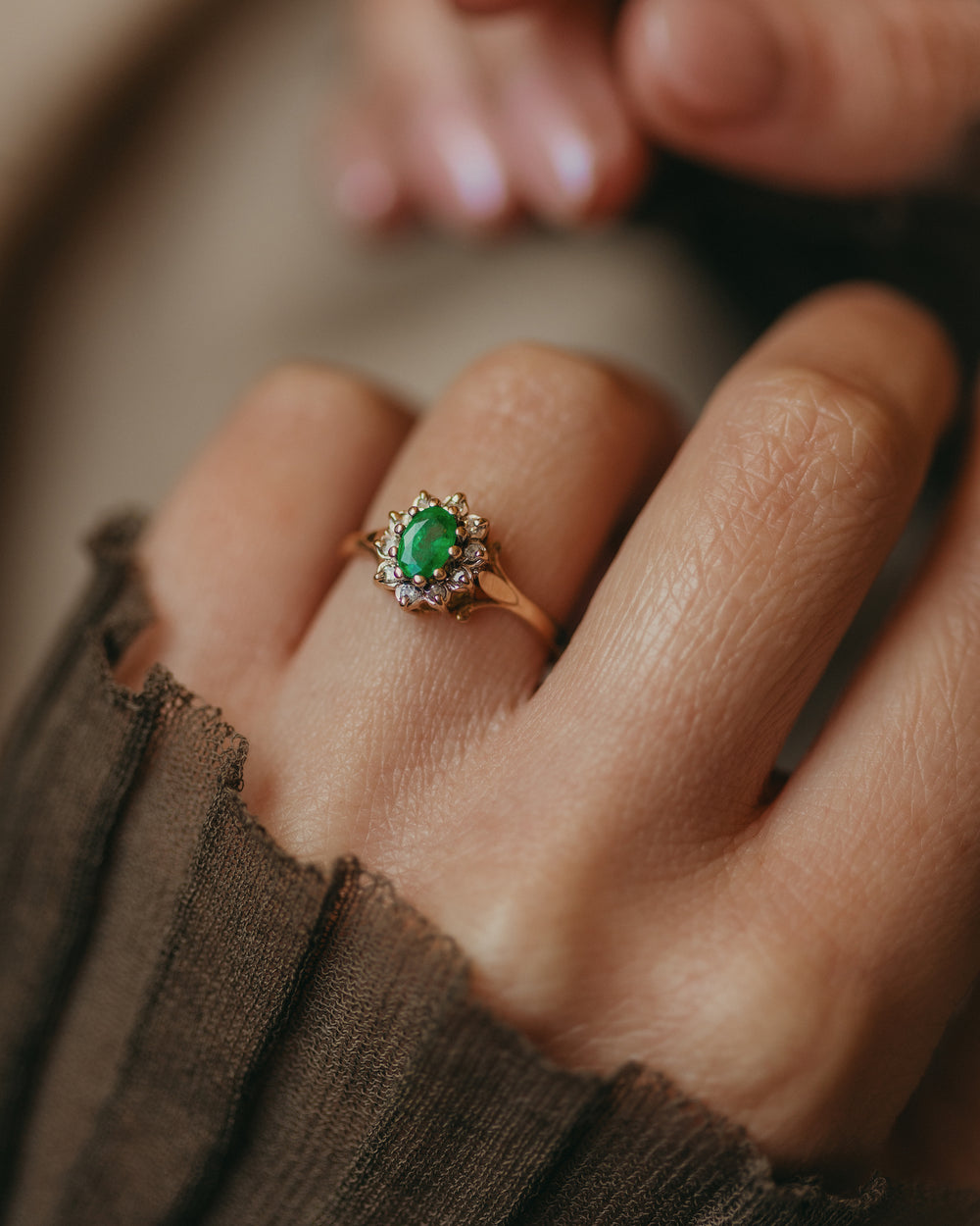 Jessie Vintage 9ct Gold Emerald & Diamond Cluster Ring