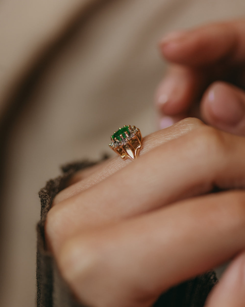 Jessie Vintage 9ct Gold Emerald & Diamond Cluster Ring