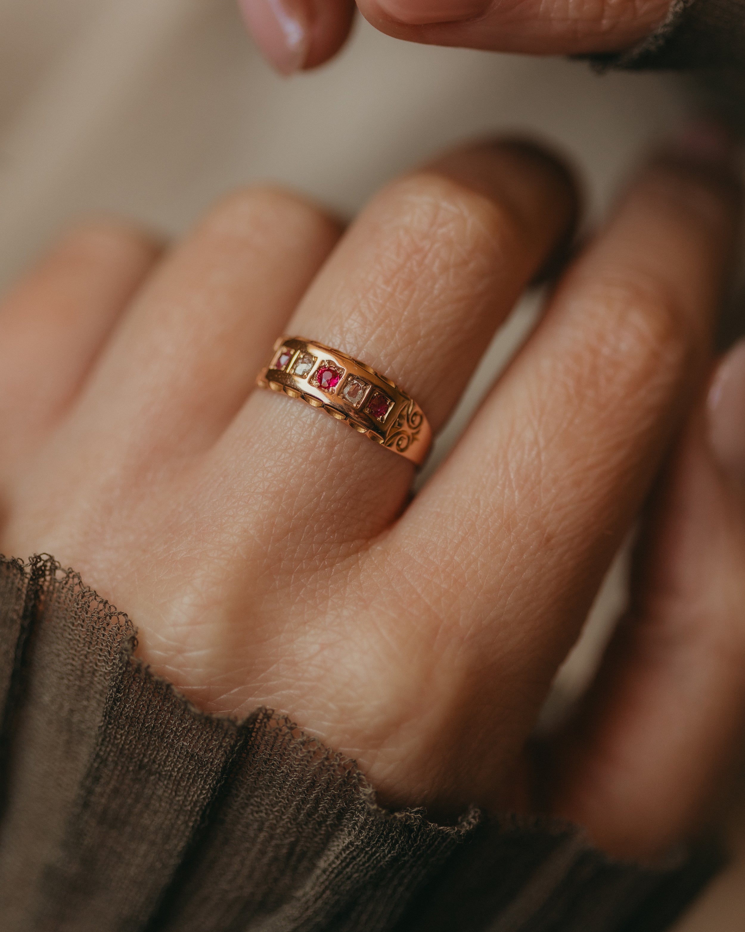 Kitty 1890 Antique 15ct Gold Ruby & Diamond Five Stone Ring