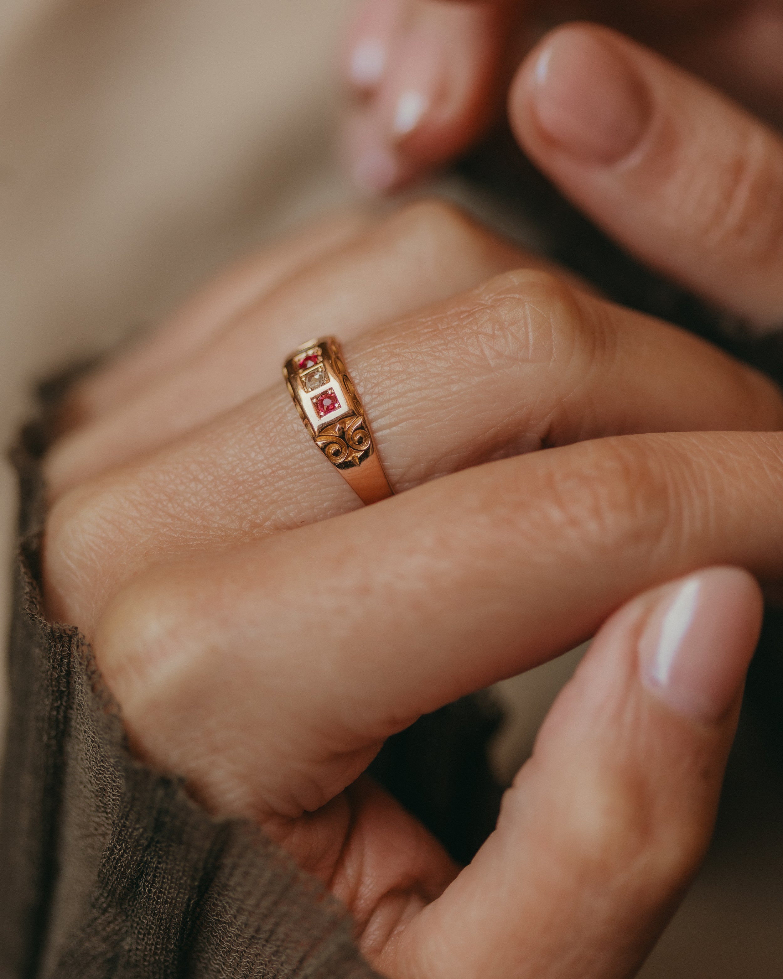 Kitty 1890 Antique 15ct Gold Ruby & Diamond Five Stone Ring
