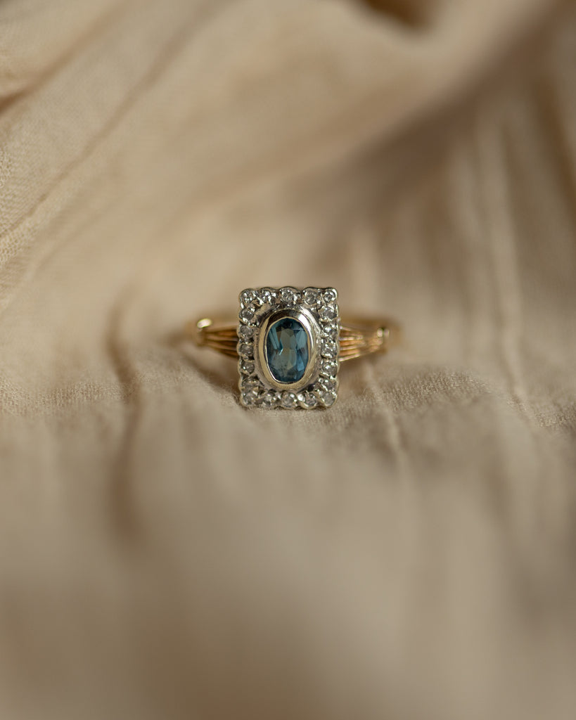 Beryl 1988 Vintage 9ct Gold Blue Topaz & Diamond Cluster Ring