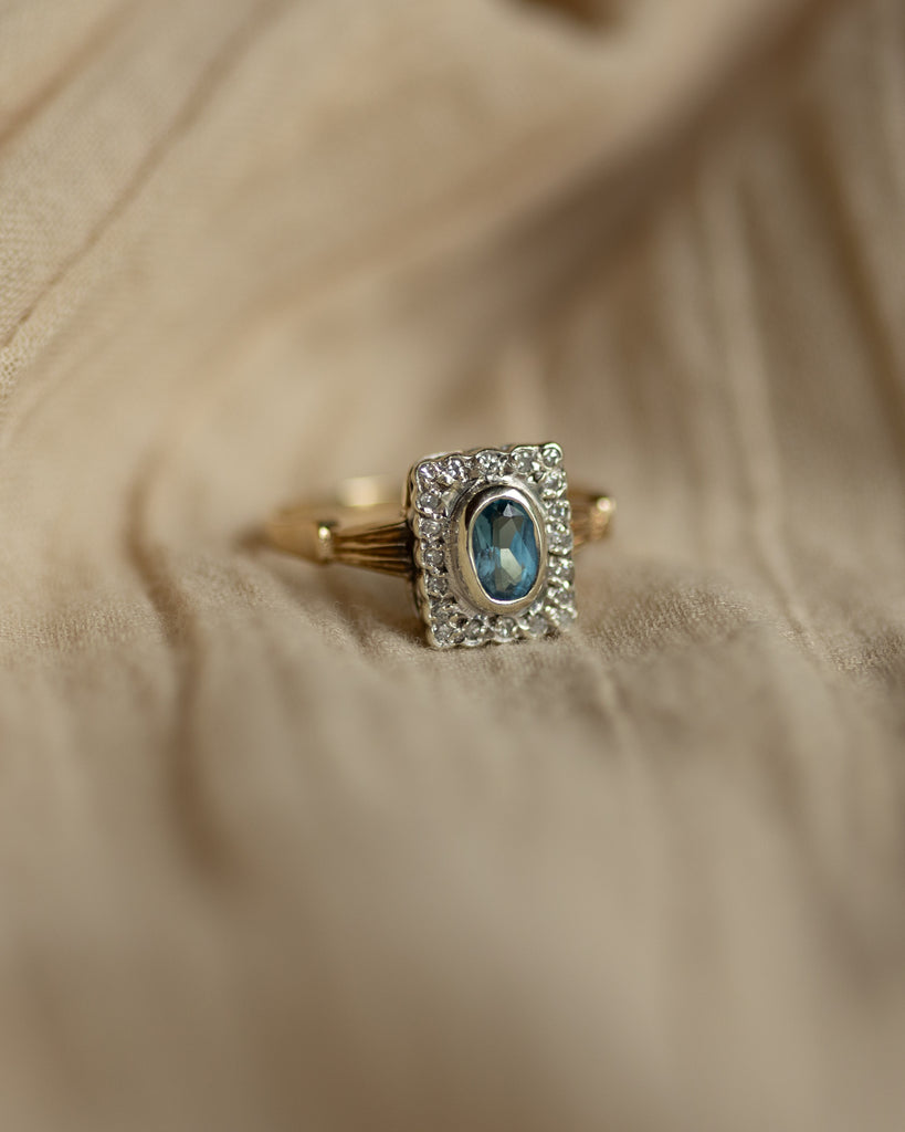 Beryl 1988 Vintage 9ct Gold Blue Topaz & Diamond Cluster Ring