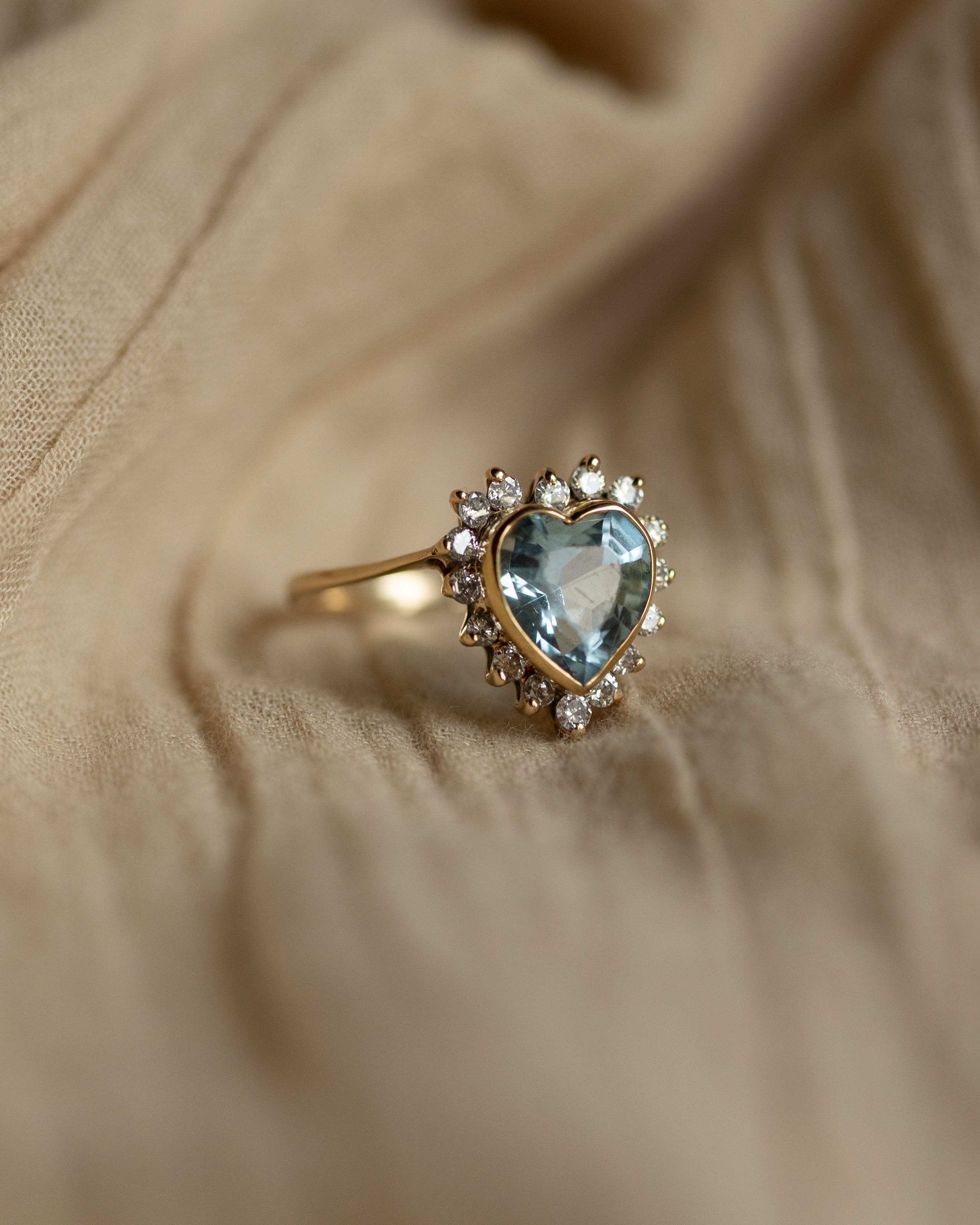 Rosamund 1987 Vintage 9ct Gold Aquamarine & Diamond Heart Cluster Ring