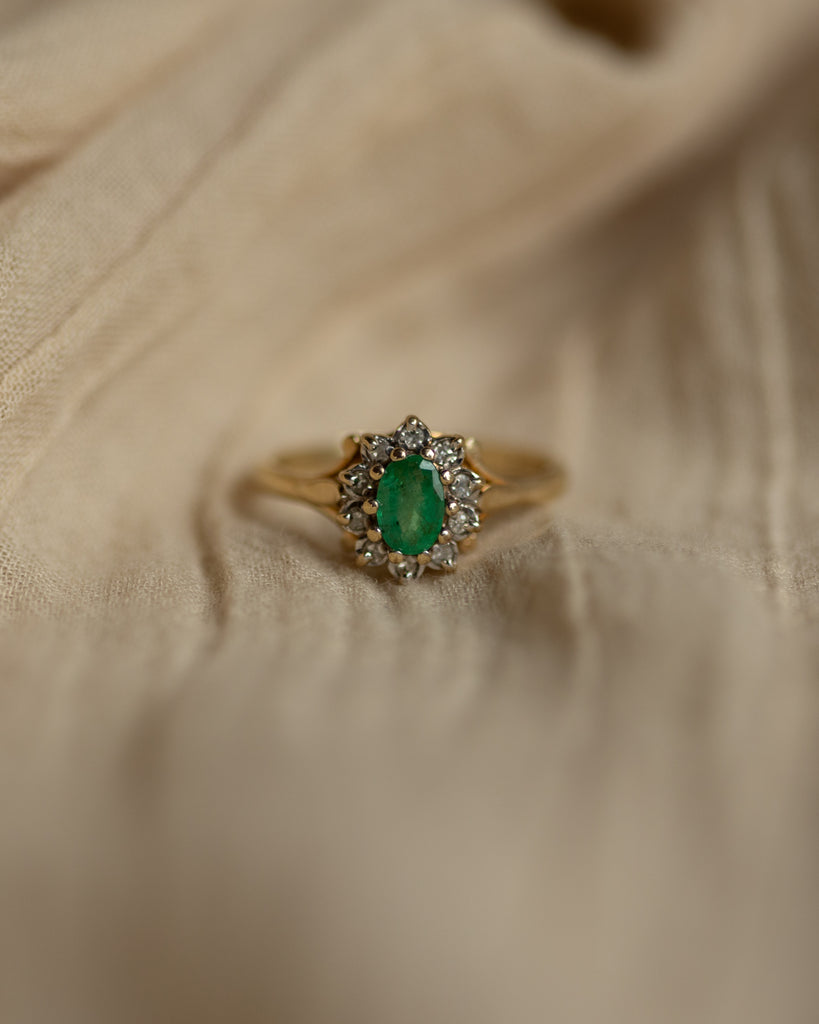 Jessie Vintage 9ct Gold Emerald & Diamond Cluster Ring