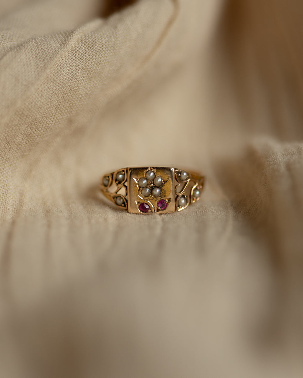 Max 1879 Antique 15ct Gold Pearl & Ruby Forget-Me-Not Ring