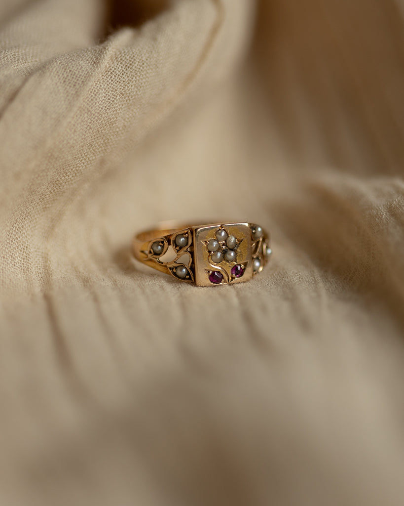 Max 1879 Antique 15ct Gold Pearl & Ruby Forget-Me-Not Ring