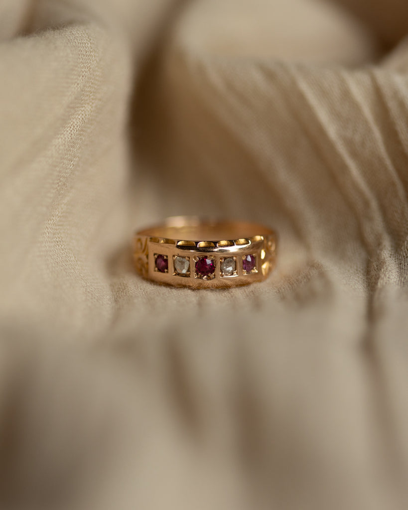 Kitty 1890 Antique 15ct Gold Ruby & Diamond Five Stone Ring