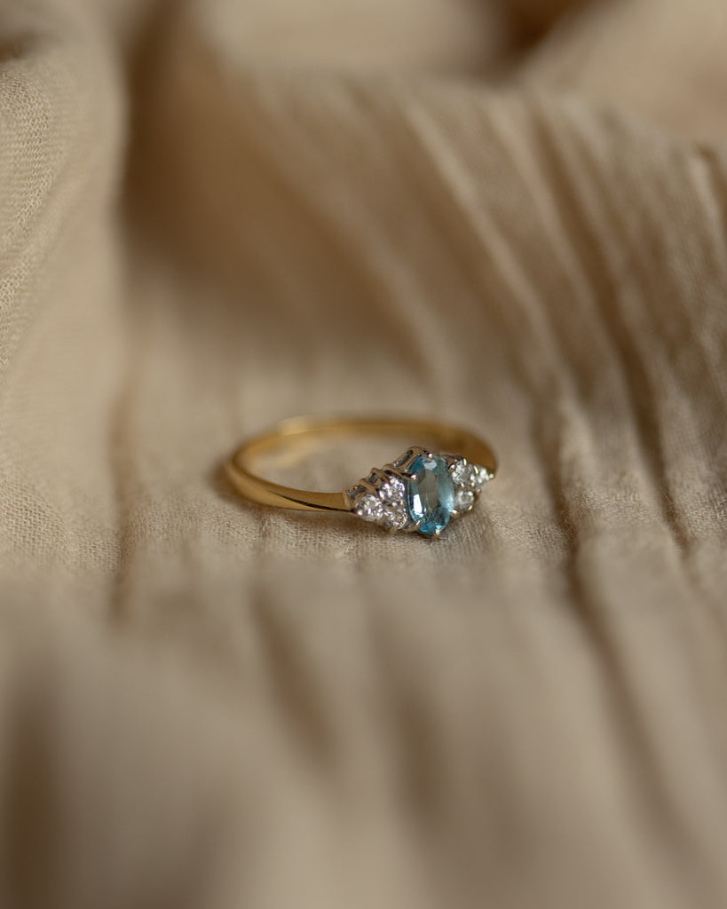 Georgina 1989 Vintage 9ct Gold Aquamarine & Diamond Seven Stone Ring
