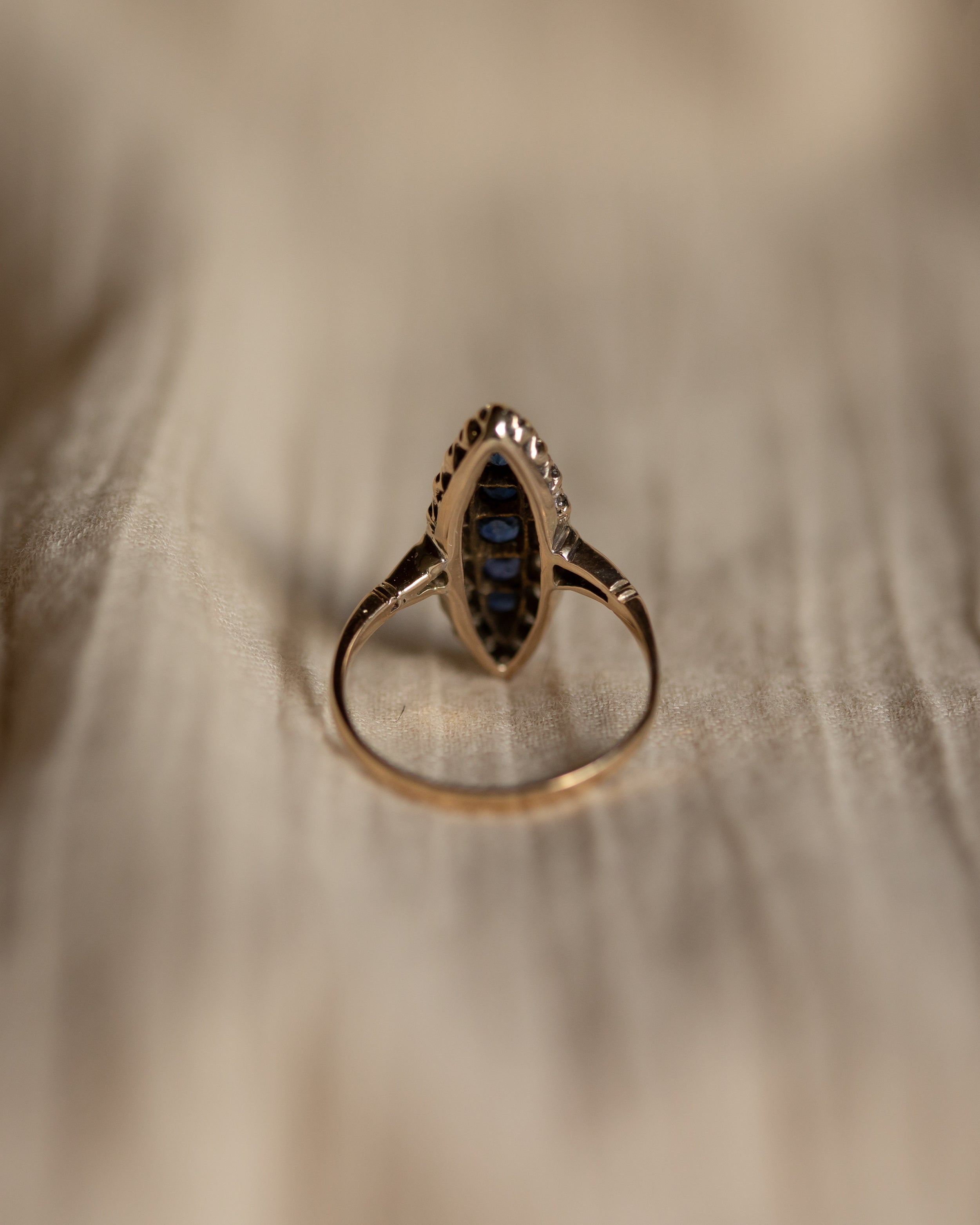 Constance Antique 18ct Gold Sapphire & Diamond Navette Ring