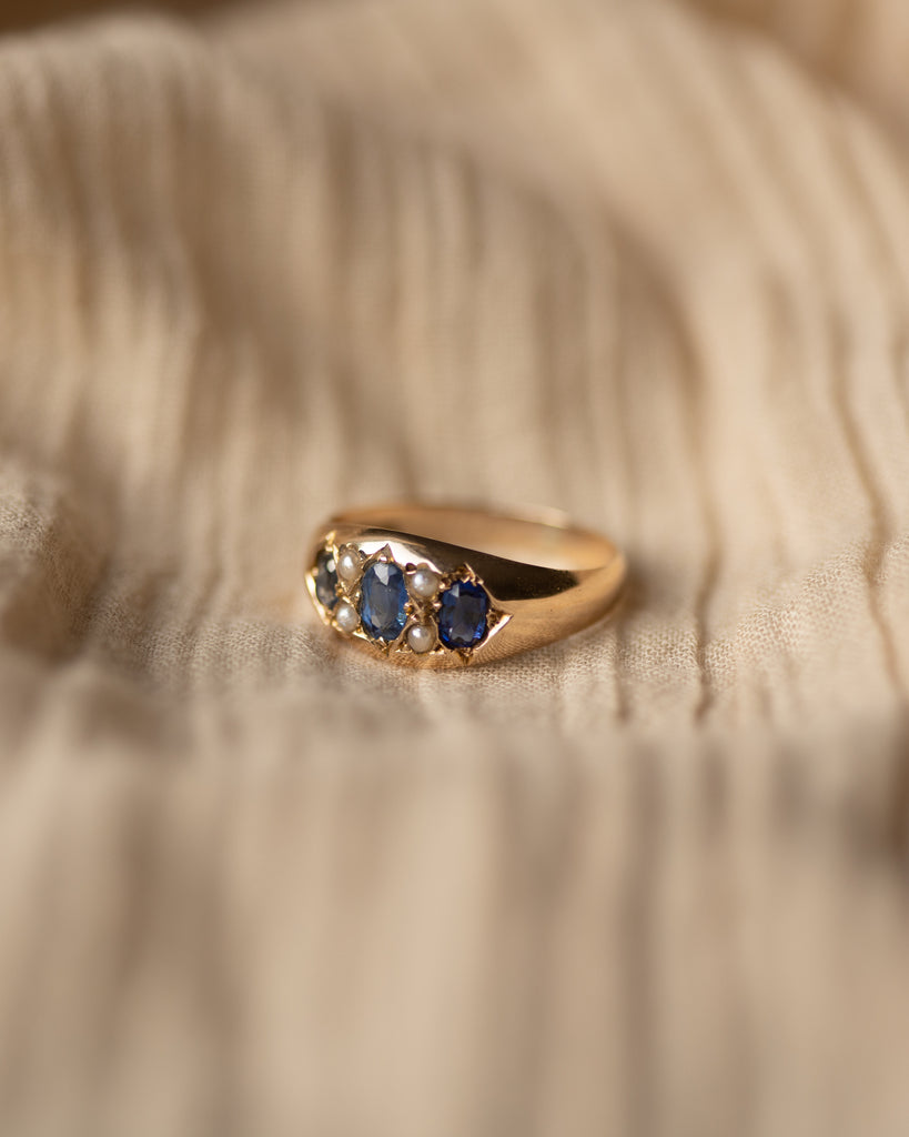 Mae Antique 10ct Gold Sapphire & Pearl Seven Stone Ring
