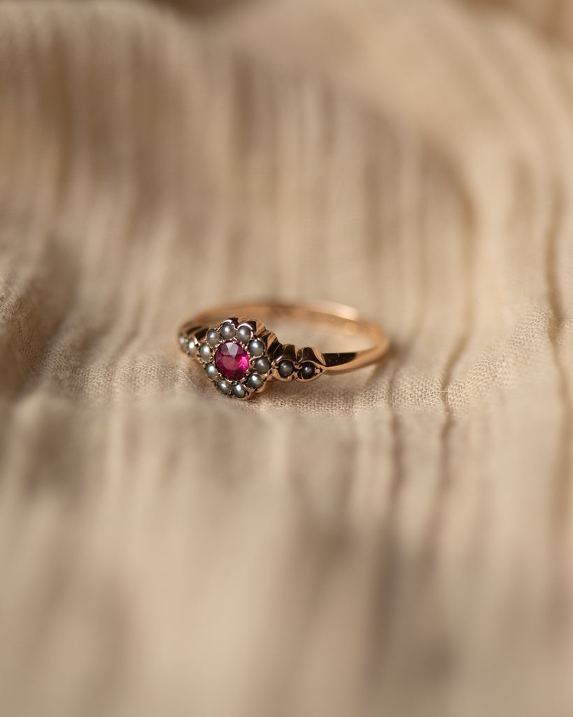 Alma 1897 Antique 9ct Gold Ruby & Pearl Cluster Ring